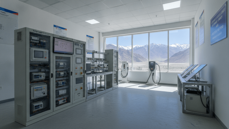 A bright, modern laboratory interior with industrial control panels, two EV charging stations, and a large window overlooking a snow-capped mountain range under a clear sky.