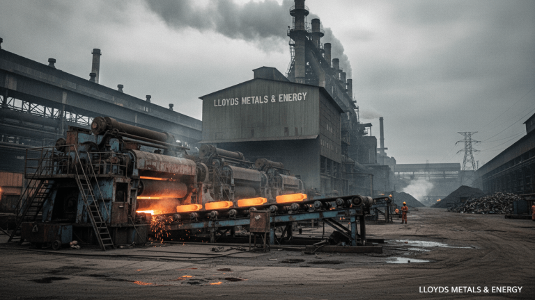 An wide outdoor shot of a metal manufacturing plant on a cloudy day, with multiple smokestacks emitting plumes of smoke. In the foreground, a conveyor belt carries several glowing orange-hot metal billets, with sparks flying from the first one. A large green building with "LLOYDS METALS & ENERGY" written on it is in the middle ground, and various industrial structures and piles of raw materials are visible in the background and to the right. A worker in an orange suit is visible near the conveyor.