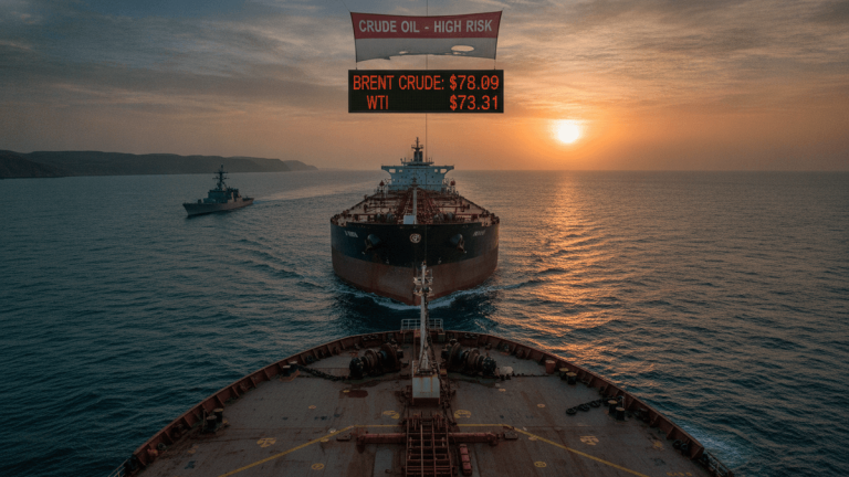 An oil tanker steams through a strait, followed by a naval warship, with the sun setting on the horizon.