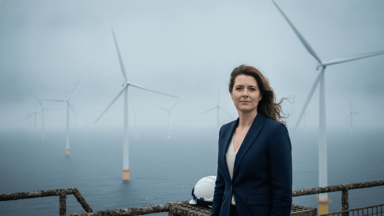 A woman in a dark suit stands on a rusted platform overlooking an offshore wind farm on a misty day.