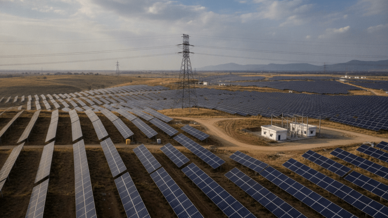 An expansive solar farm stretches across the landscape, with rows of photovoltaic panels leading towards a distant horizon. A large electricity pylon stands centrally, supporting high-tension power lines that extend across the frame. In the middle distance, small white buildings are visible amidst dirt roads. Mountains are faintly discernible under a slightly hazy, overcast sky.