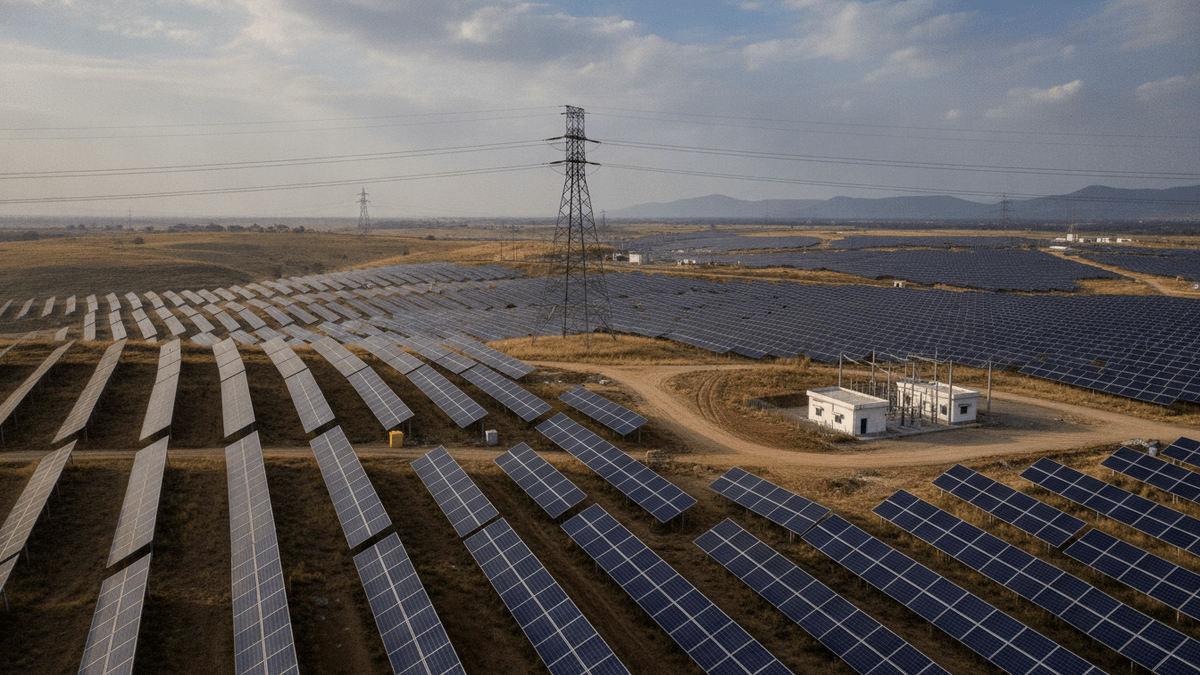 An expansive solar farm stretches across the landscape, with rows of photovoltaic panels leading towards a distant horizon. A large electricity pylon stands centrally, supporting high-tension power lines that extend across the frame. In the middle distance, small white buildings are visible amidst dirt roads. Mountains are faintly discernible under a slightly hazy, overcast sky.