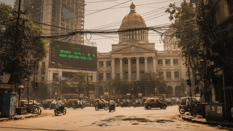 A bustling street in Mumbai, India, with a prominent building featuring a golden dome in the background. A large digital ticker on a nearby building shows stock market data. Numerous motorcycles and auto-rickshaws navigate the dusty street.
