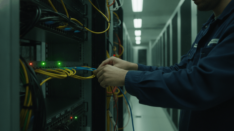 Close-up of a technician's hands in a blue uniform, plugging a blue fiber optic cable into a server rack amidst a tangle of yellow and black cables.