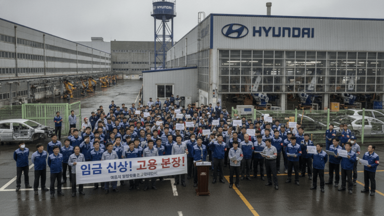 A large group of Hyundai Motor workers stand in front of a factory building, holding signs and a banner in Korean.