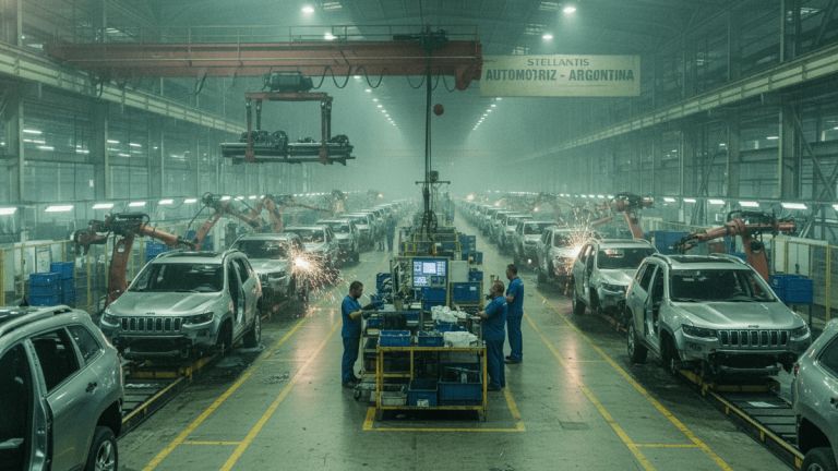 An ultra-realistic wide-angle editorial photograph showing a vast Stellantis automotive assembly line in Argentina. Rows of silver Jeep Cherokee bodies move along conveyor belts, with robotic arms actively welding and assembling parts, emitting sparks. In the center, several workers in blue uniforms gather around a control station, overseeing the operation. The factory floor is slightly damp and reflects the industrial lighting, creating a hazy atmosphere with visible dust particles. In the background, a large sign reads "STELLANTIS AUTOMOTRIZ - ARGENTINA".