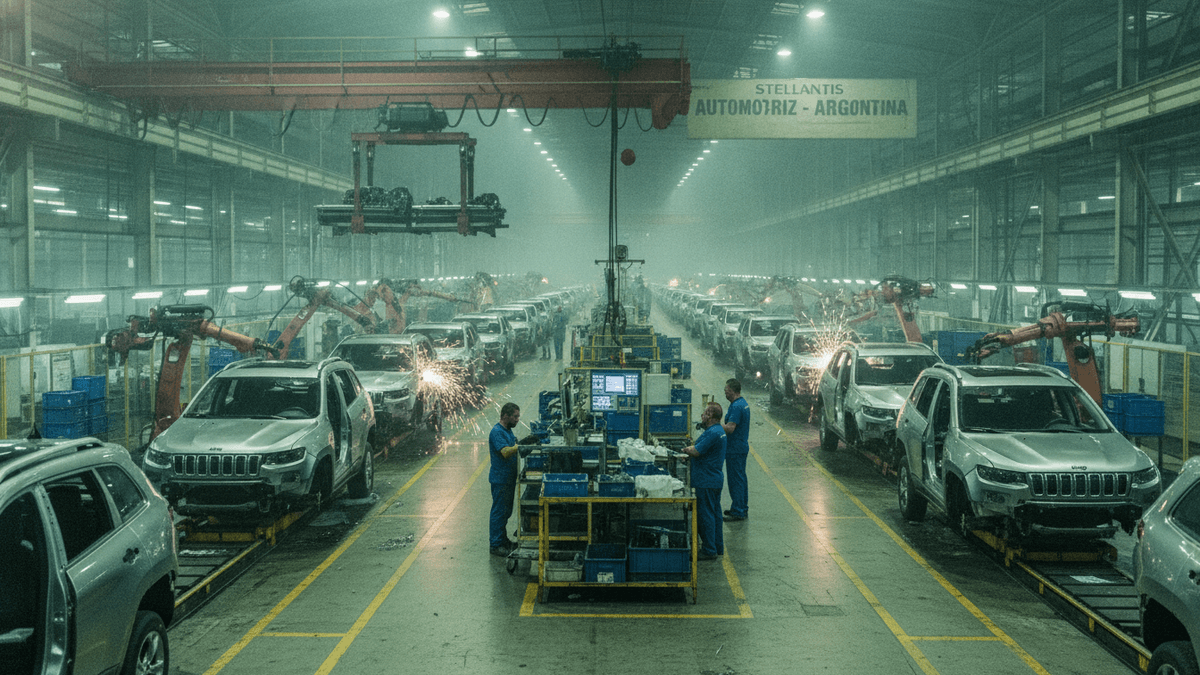 An ultra-realistic wide-angle editorial photograph showing a vast Stellantis automotive assembly line in Argentina. Rows of silver Jeep Cherokee bodies move along conveyor belts, with robotic arms actively welding and assembling parts, emitting sparks. In the center, several workers in blue uniforms gather around a control station, overseeing the operation. The factory floor is slightly damp and reflects the industrial lighting, creating a hazy atmosphere with visible dust particles. In the background, a large sign reads "STELLANTIS AUTOMOTRIZ - ARGENTINA".