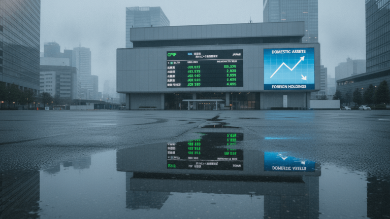 An electronic billboard on a modern building in Tokyo displays financial data, with a graph showing "DOMESTIC ASSETS" increasing and "FOREIGN HOLDINGS" decreasing. The billboard reflects in a wet plaza.