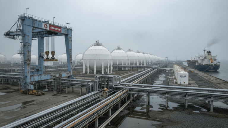 An industrial oil terminal under an overcast sky with a large blue gantry crane, white spherical storage tanks, pipelines, and a ship docked on the right.
