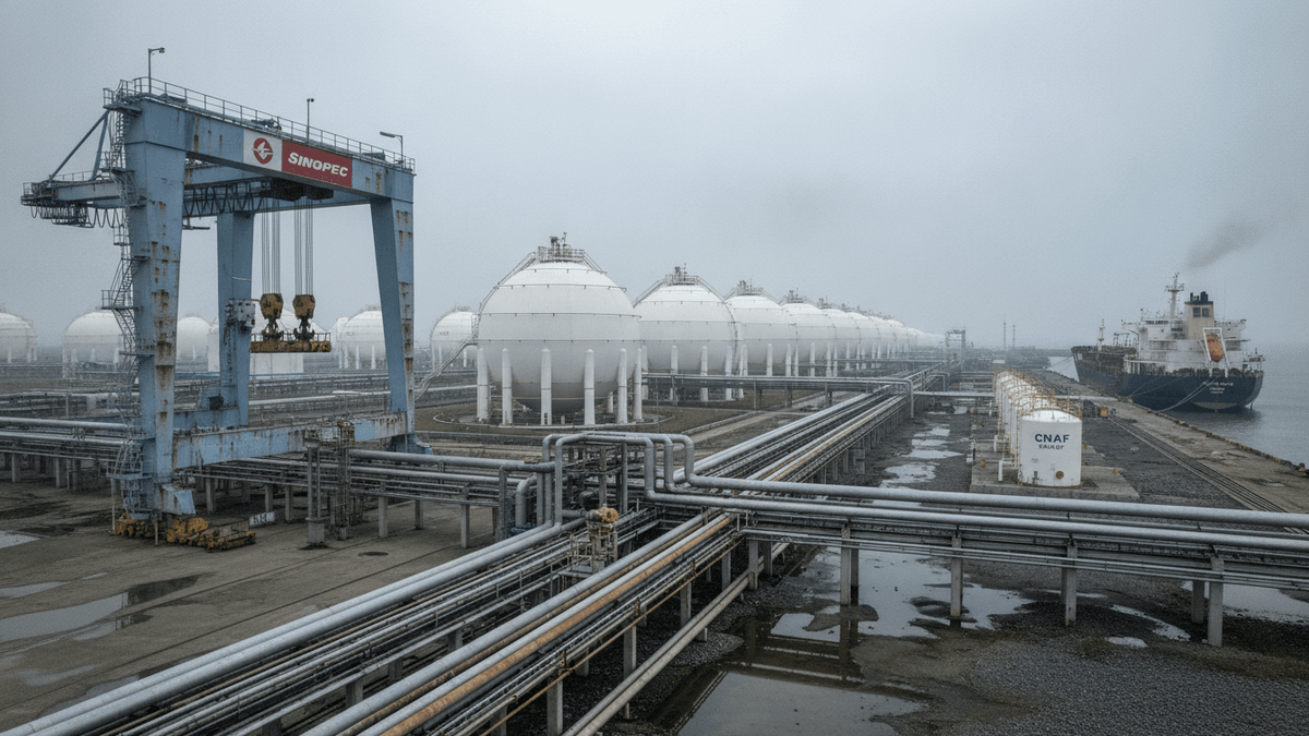 An industrial oil terminal under an overcast sky with a large blue gantry crane, white spherical storage tanks, pipelines, and a ship docked on the right.