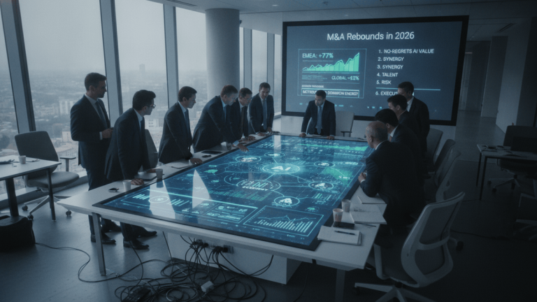 A group of business executives in suits gathered around an illuminated interactive conference table displaying AI-related data and graphics, with a large screen on the wall showing "M&A Rebounds in 2026."