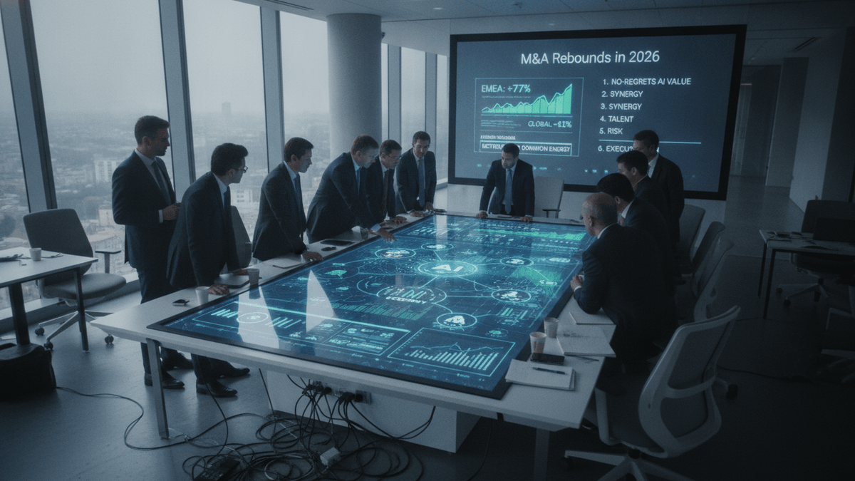 A group of business executives in suits gathered around an illuminated interactive conference table displaying AI-related data and graphics, with a large screen on the wall showing "M&A Rebounds in 2026."