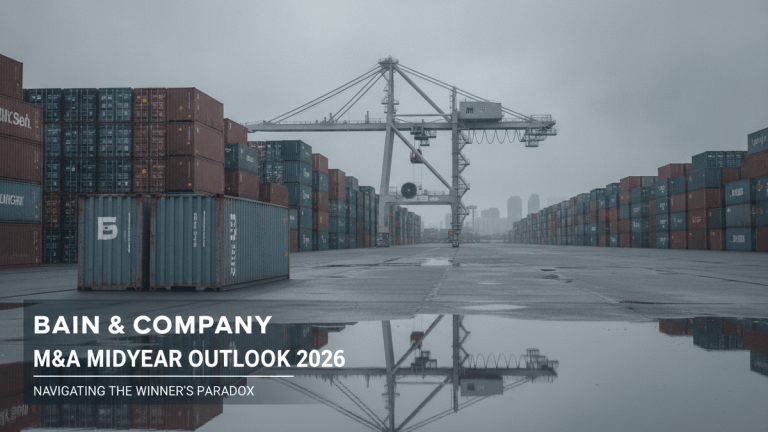 A wide shot of a container terminal on an overcast day. Rows of stacked shipping containers recede into the distance, with a large gantry crane in the midground. The tarmac is wet, showing reflections of the containers and crane.