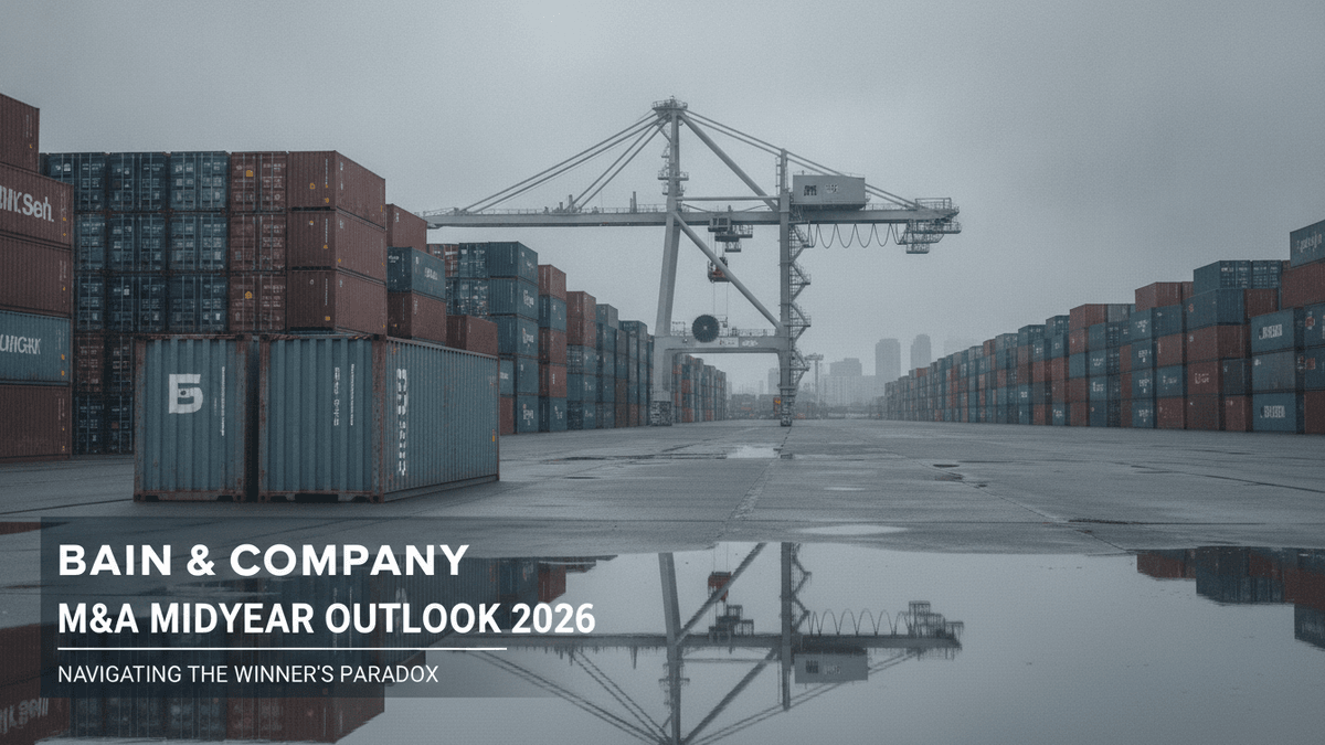 A wide shot of a container terminal on an overcast day. Rows of stacked shipping containers recede into the distance, with a large gantry crane in the midground. The tarmac is wet, showing reflections of the containers and crane.