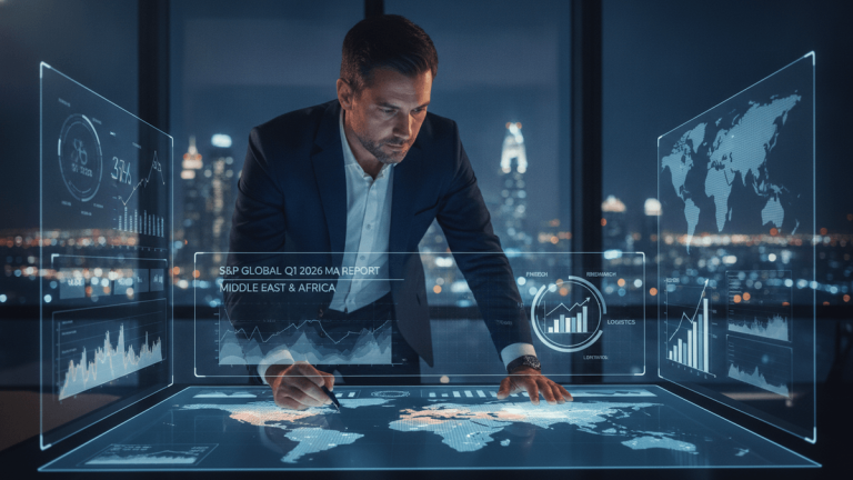 A man in a suit leans over a futuristic interactive table displaying a global map and data charts. City lights are visible outside a large window behind him.