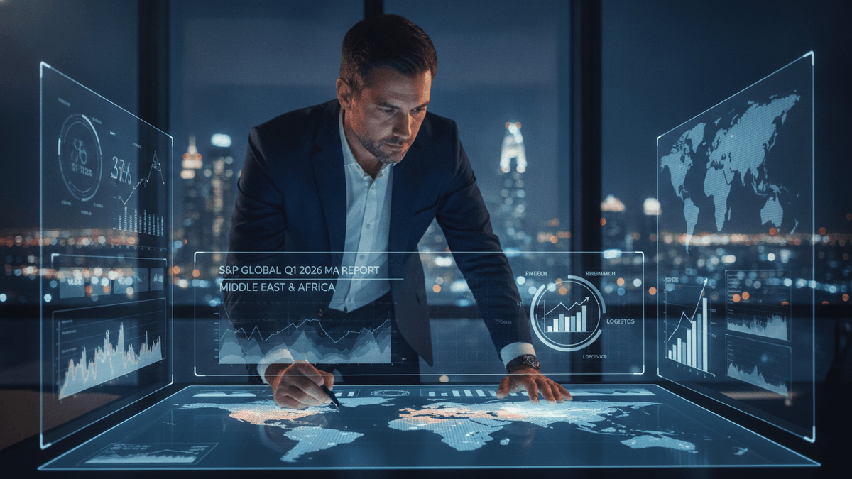 A man in a suit leans over a futuristic interactive table displaying a global map and data charts. City lights are visible outside a large window behind him.