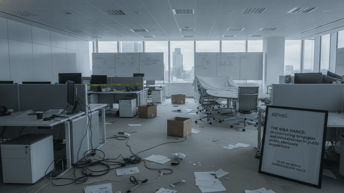 A wide shot of a dishevelled, abandoned office space with cubicles, monitors, loose papers, boxes, and a sign on the floor.