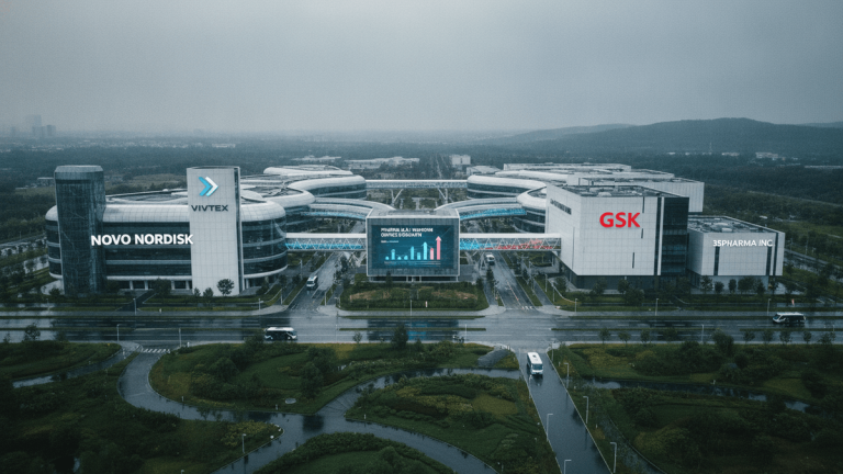 An aerial view of several modern, interconnected corporate campuses under a grey, overcast sky, with text identifying each company.