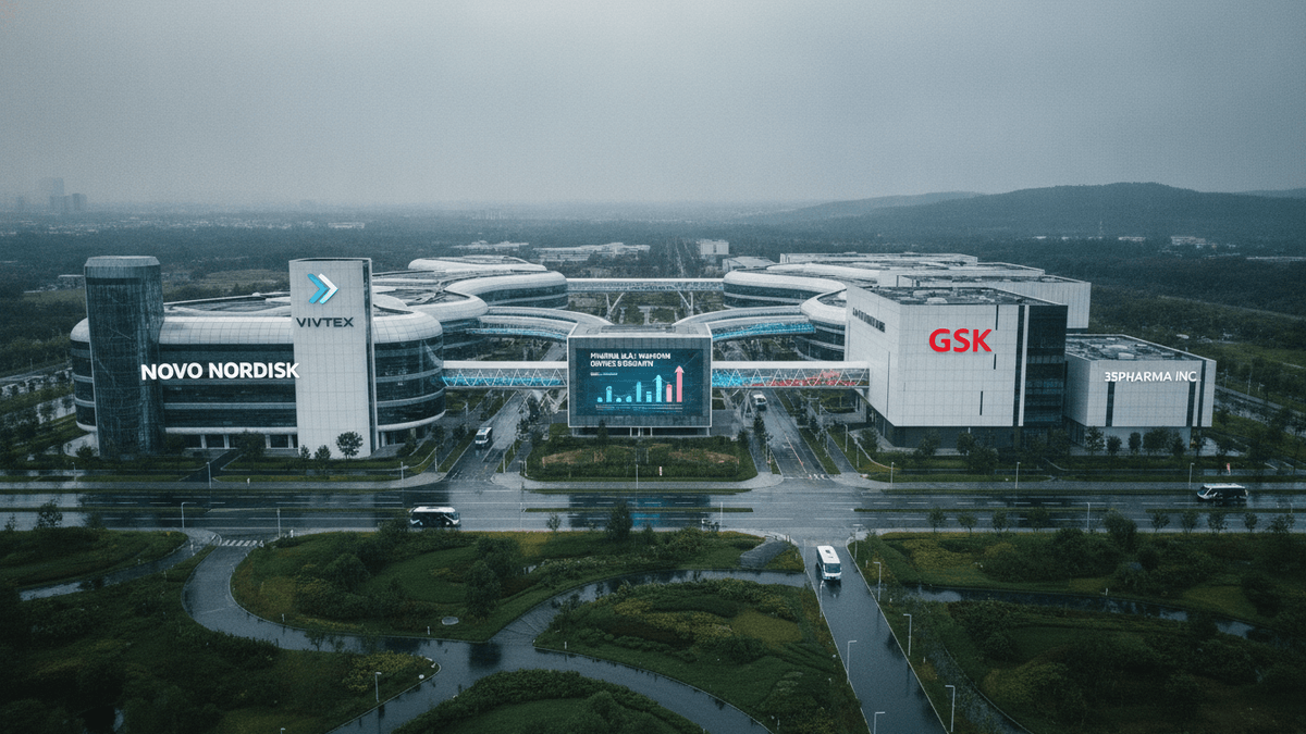 An aerial view of several modern, interconnected corporate campuses under a grey, overcast sky, with text identifying each company.