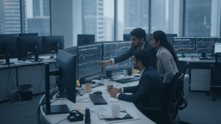 Three financial professionals, two men and one woman, analyze stock market data on multiple computer screens in a contemporary office setting.