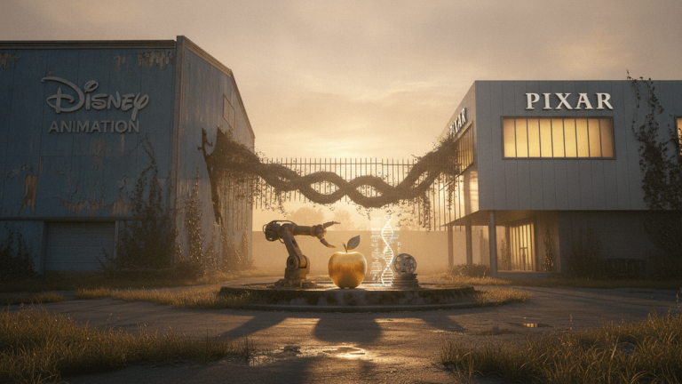 An ultra-realistic photograph shows two abandoned industrial buildings, one labeled "Disney Animation" and the other "Pixar," under a hazy, warm sky.