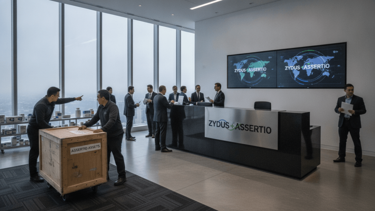A high-angle wide shot of a brightly lit modern office with two men unloading a large wooden crate marked "Assertio Assets" onto a cart.