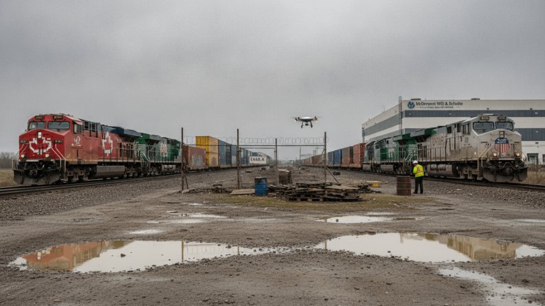 An ultra-realistic photograph of a rail yard on an overcast day, two cargo trains flanking a dirt access road with puddles. A drone hovers over the tracks.