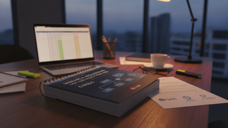 A detailed legal report titled "Mergers & Acquisitions Laws & Regulations 2026 Cyprus" lies open on a dark wooden desk. A laptop, coffee cup, and city skyline are visible.