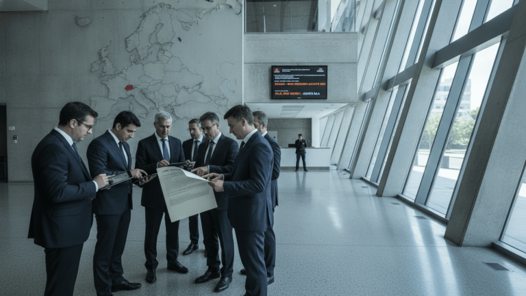 Six men in dark suits review papers and tablets in a spacious, bright lobby. A large map of Europe is on the wall.