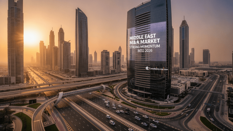 An aerial view of a modern city at sunset, featuring multiple tall skyscrapers and a complex network of highways with cars. One prominent building displays "Middle East M&A Market Strong Momentum into 2026" and "Consultancy-me.com" on its facade.