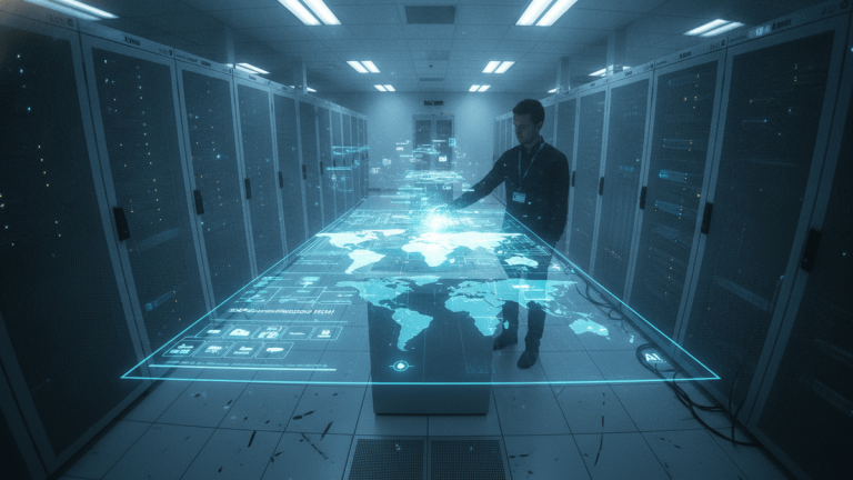 A data center aisle with rows of server racks, illuminated by cool fluorescent lights. A central pedestal displays a glowing blue holographic map and data.