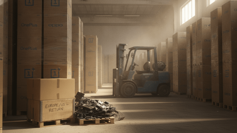 A wide shot inside a warehouse shows tall stacks of cardboard boxes with "OnePlus" and "Oppo" logos. A blue forklift sits centrally, facing away. In the foreground, a wooden pallet holds smaller boxes labeled "EUROPE/US - RETURN," next to a pile of circuit boards and metal scrap. Sunlight streams from high windows on the right, illuminating dust motes in the air.