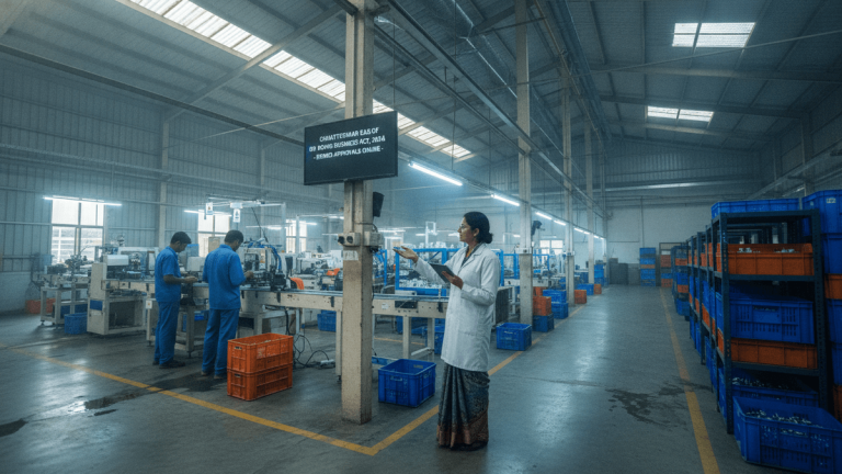 An Indian woman in a white lab coat stands in a factory, looking at an overhead display while workers operate machinery.