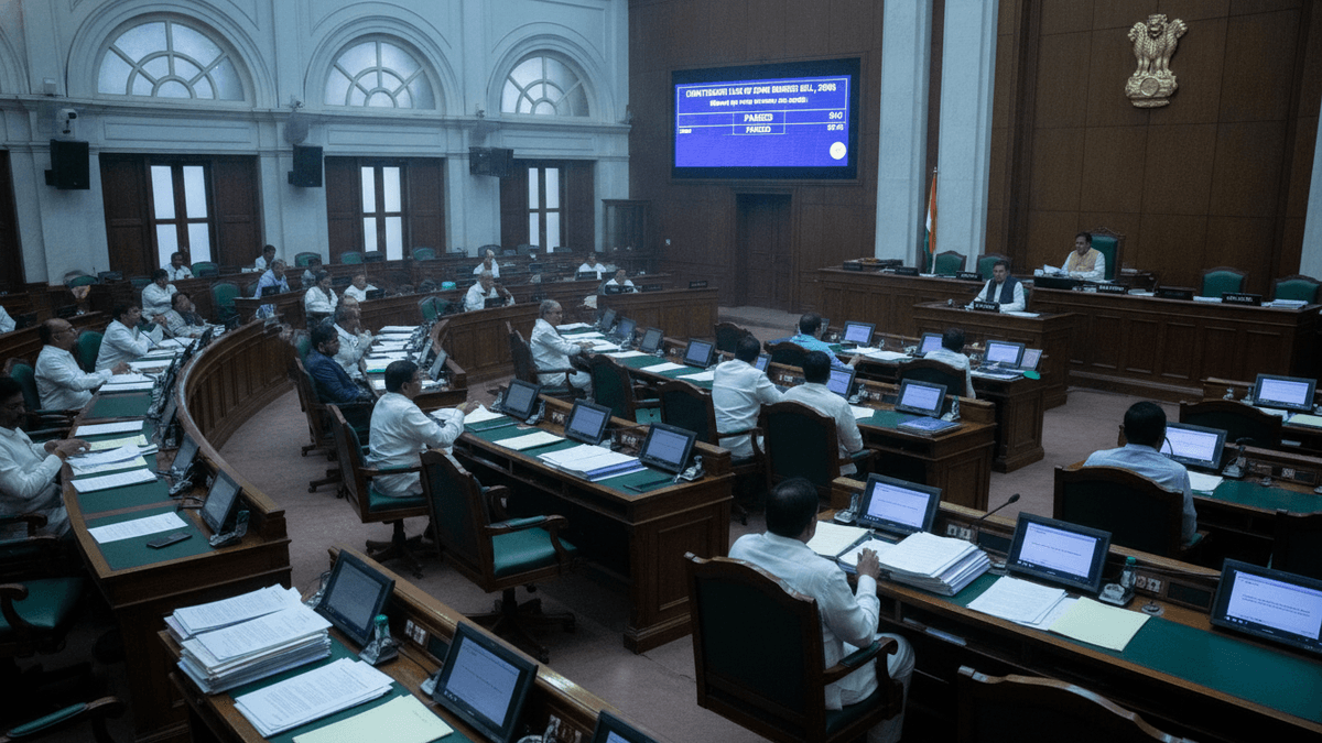 Wide shot of a legislative assembly hall with rows of seated politicians at wooden desks, facing a central dais and large screen.