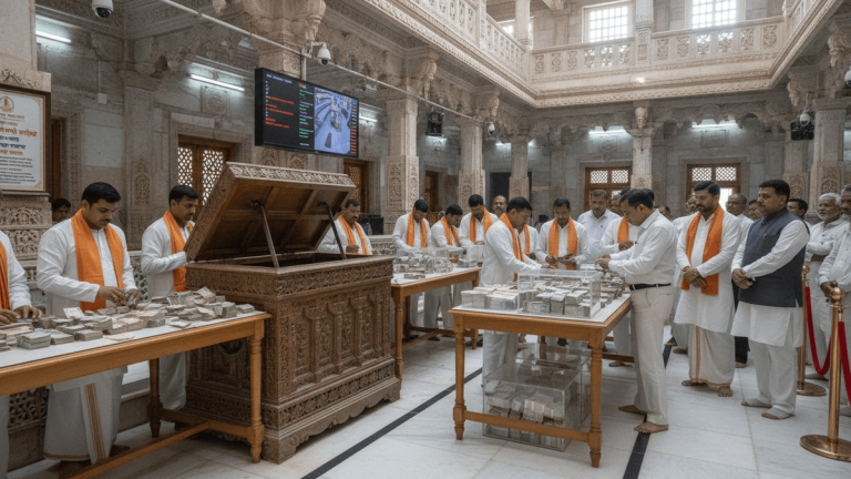 Inside a large temple, men in traditional attire sort and count stacks of currency notes on tables, with some observing the process.