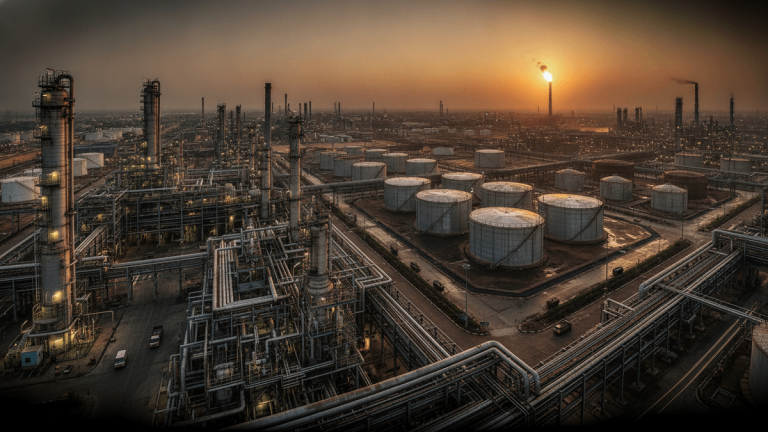 An aerial view of a massive petrochemical refinery at sunset, with numerous storage tanks and intricate pipe networks. The sky is a hazy orange, and a flare stack burns brightly on the horizon.