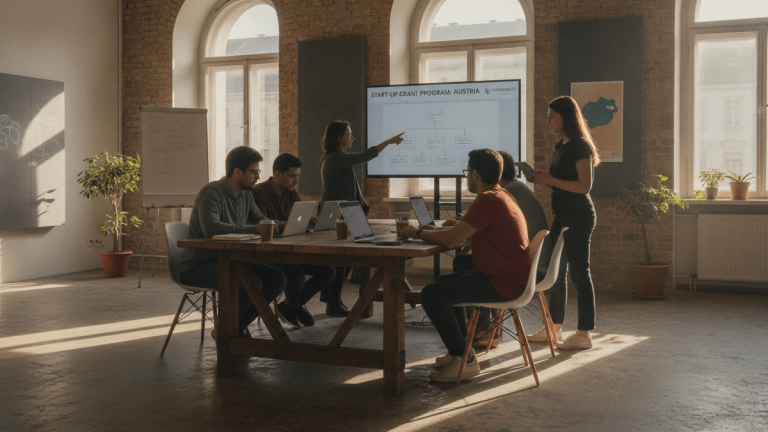 A group of five people, four men and one woman, gather around a wooden table in a brightly lit room. A woman points at a large screen displaying a flowchart titled "START-UP GRANT PROGRAM: AUSTRIA."