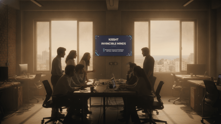 A group of silhouetted individuals are gathered around a conference table in an office, looking at a large screen.