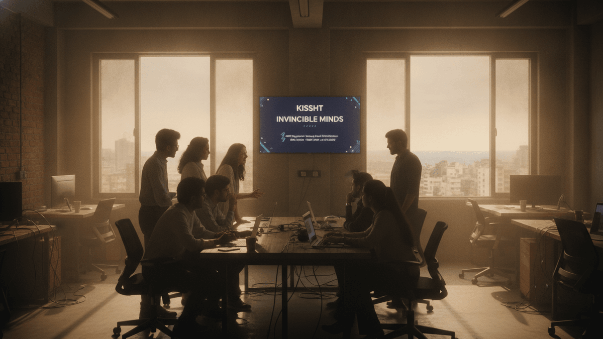 A group of silhouetted individuals are gathered around a conference table in an office, looking at a large screen.