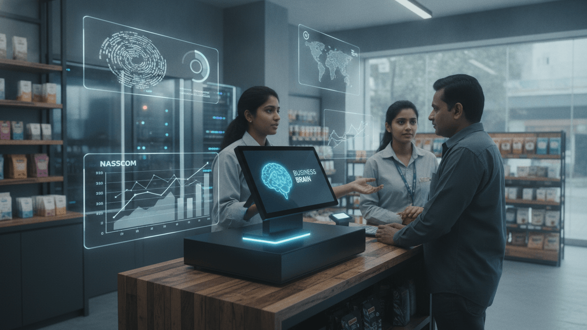 Two female retail employees stand behind a counter with a customer, looking at a transparent screen displaying data visualizations.