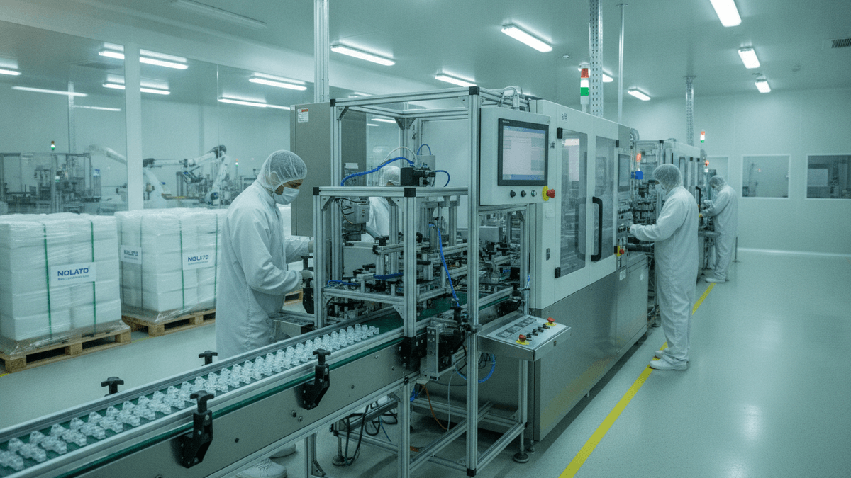 Wide shot of a cleanroom with white-clad workers operating automated machinery assembling small plastic medical components. Pallets of packaged products are visible.