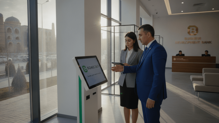 A man in a blue suit and a woman in a grey blazer look at a freestanding digital kiosk in a sunlit bank lobby.