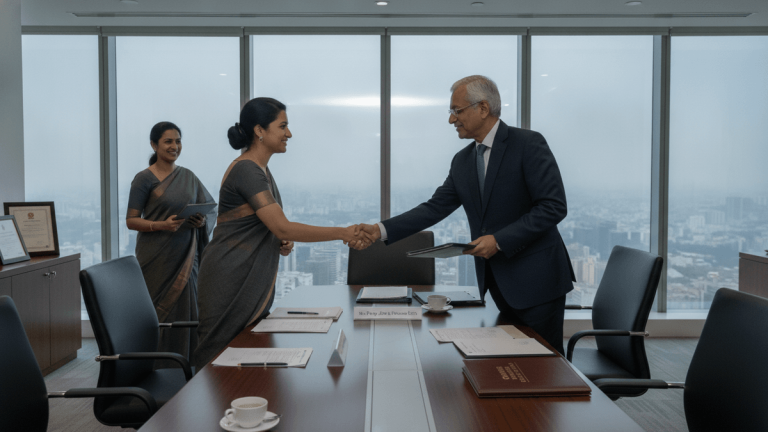Three business professionals in a modern conference room with large windows overlooking a city.