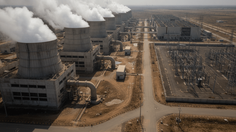 An aerial shot captures a vast industrial power plant under a hazy sky. Six concrete cooling towers dominate the left, each billowing white steam. To their right, a sprawling electrical substation with numerous pylons and transformers connects to a network of high-tension power lines extending into the distance. The ground is dry, dusty, and arid, with utility roads winding through the complex.