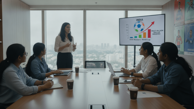 A professional woman in a white shirt and dark skirt stands at the head of a conference table, gesturing towards a large screen displaying a chart about India's women's sports industry. Four other women are seated around the table, taking notes or looking at laptops.