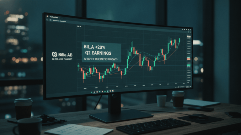 A computer monitor displays a TradingView chart with Bilia AB stock data showing a 20% increase, positioned on a wooden desk with a keyboard, mouse, and two coffee cups, with a blurred cityscape visible through a window in the background at night.