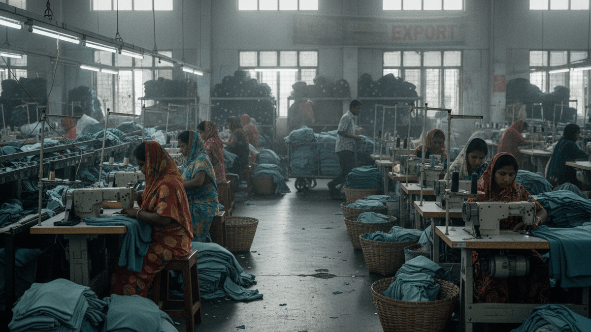 An interior shot of a garment factory in South Asia, showing numerous workers at sewing machines, baskets of fabric, and an "EXPORT" sign.