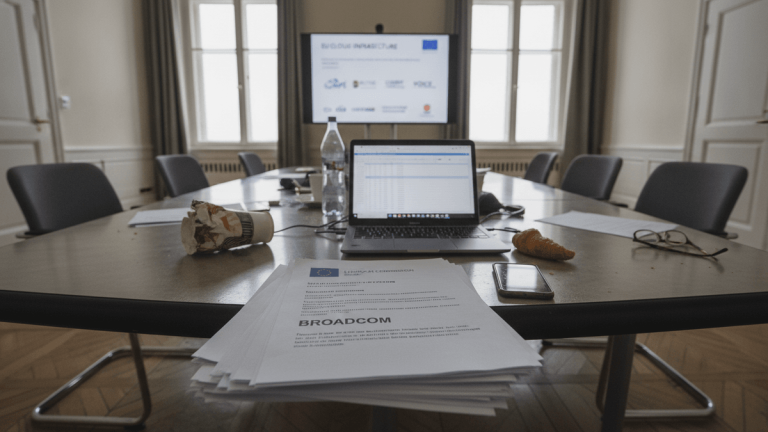 A wide-angle view of a long conference table in a sunlit meeting room, littered with papers, a laptop, water bottle, and discarded coffee cup.