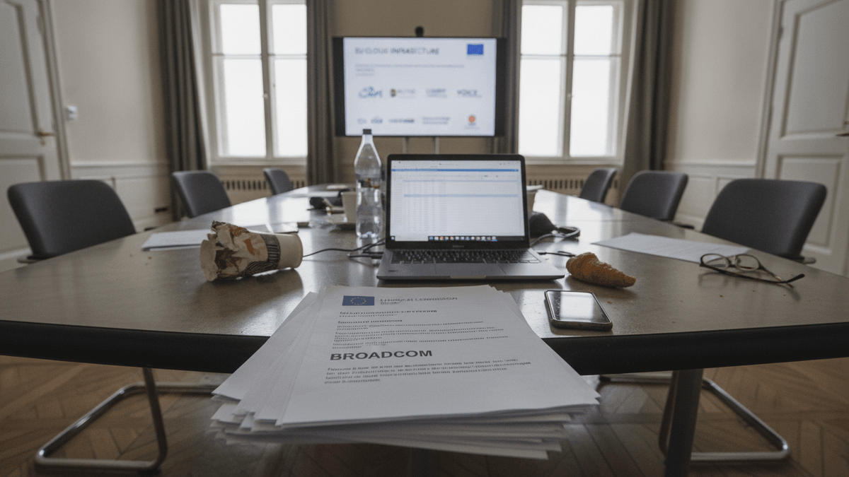 A wide-angle view of a long conference table in a sunlit meeting room, littered with papers, a laptop, water bottle, and discarded coffee cup.
