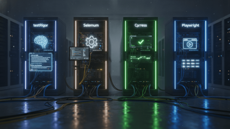 Four server racks stand in a dark data center, glowing with different colored lights. Each rack displays a unique interface.